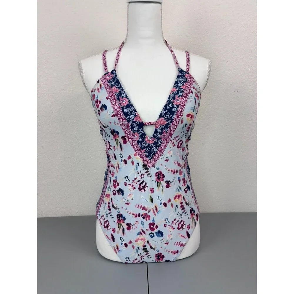 Lucky Brand women's large blue floral plunge neck crossback one piece swimsuit